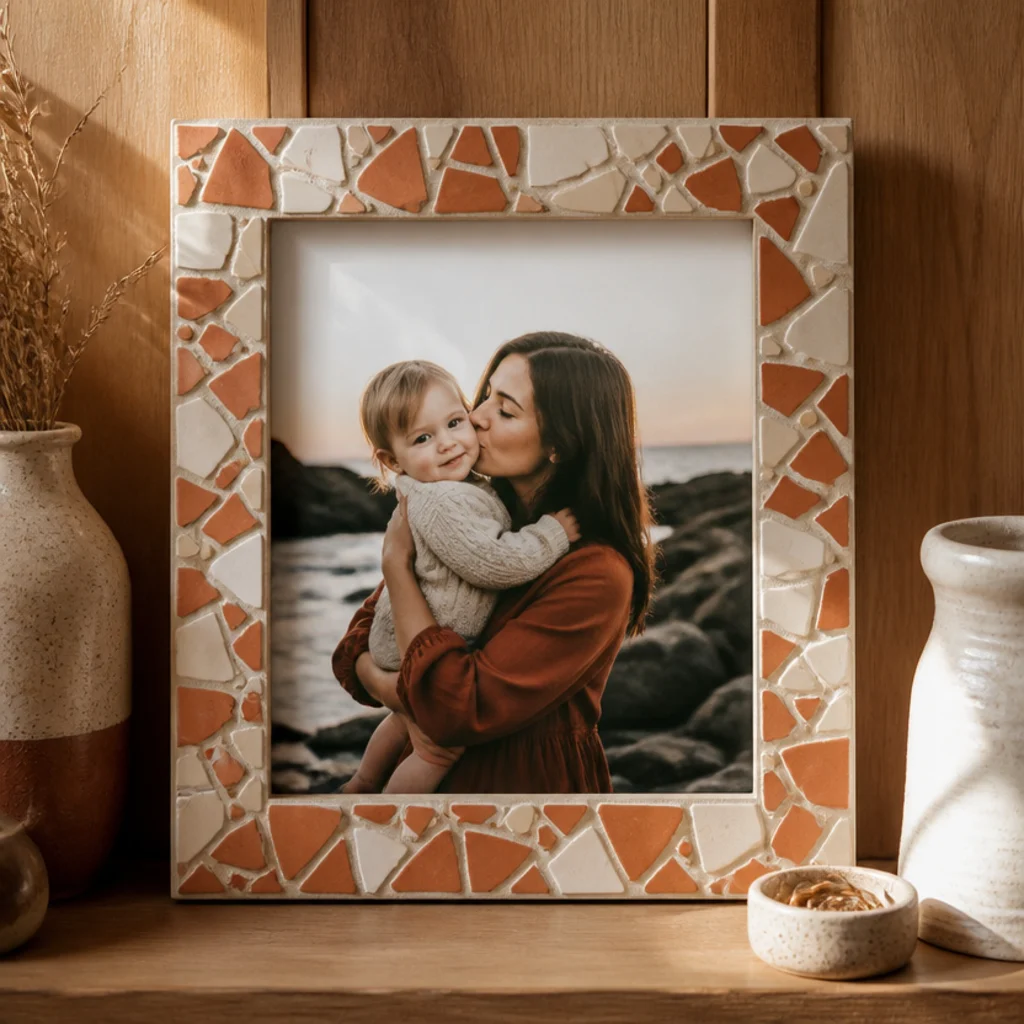 A frame edged with small broken ceramic tile pieces in cream and terracotta, grouted smooth around a photo.
