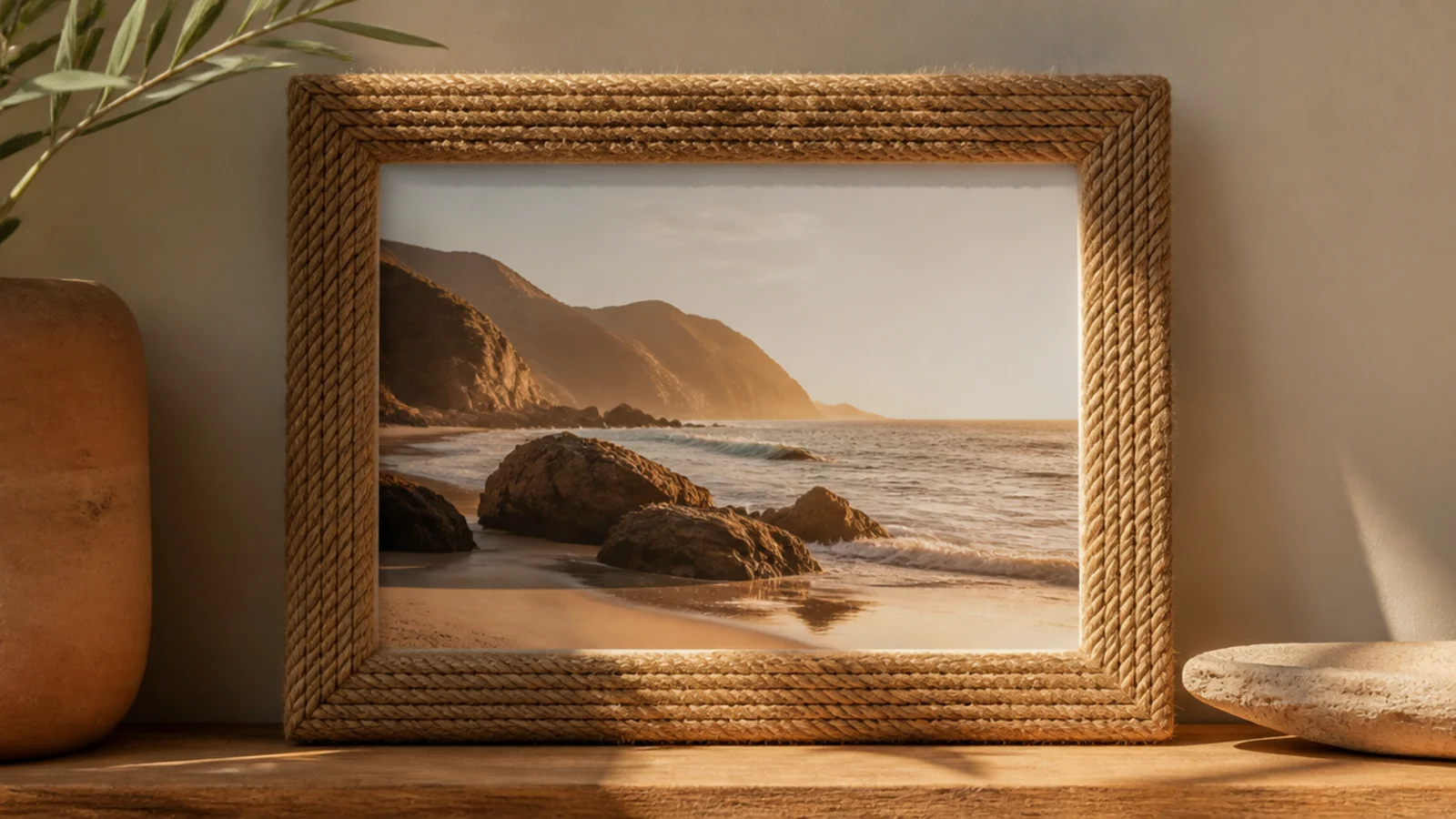 A frame wrapped tightly in natural jute rope coiled around all four sides, holding a coastal photo.