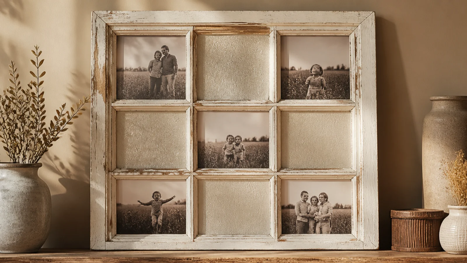 An old multi-pane window turned into a frame with photos mounted behind several of the glass panes.