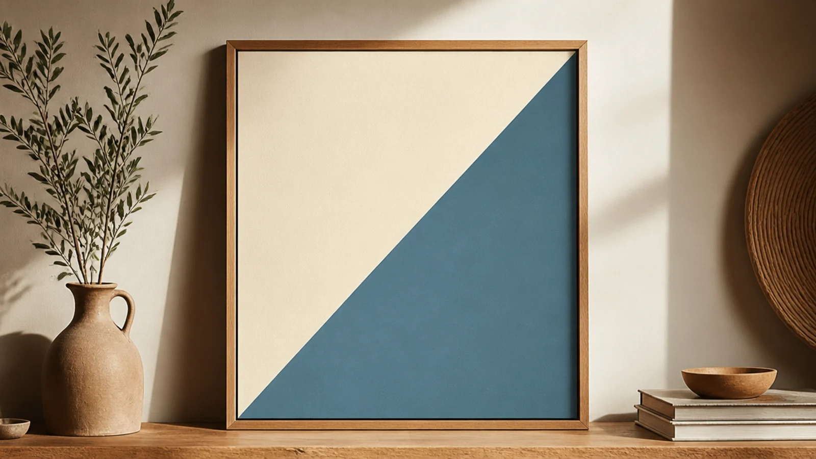 A plain wide frame painted with a bold diagonal color block in cream and dusty blue meeting at a crisp line.