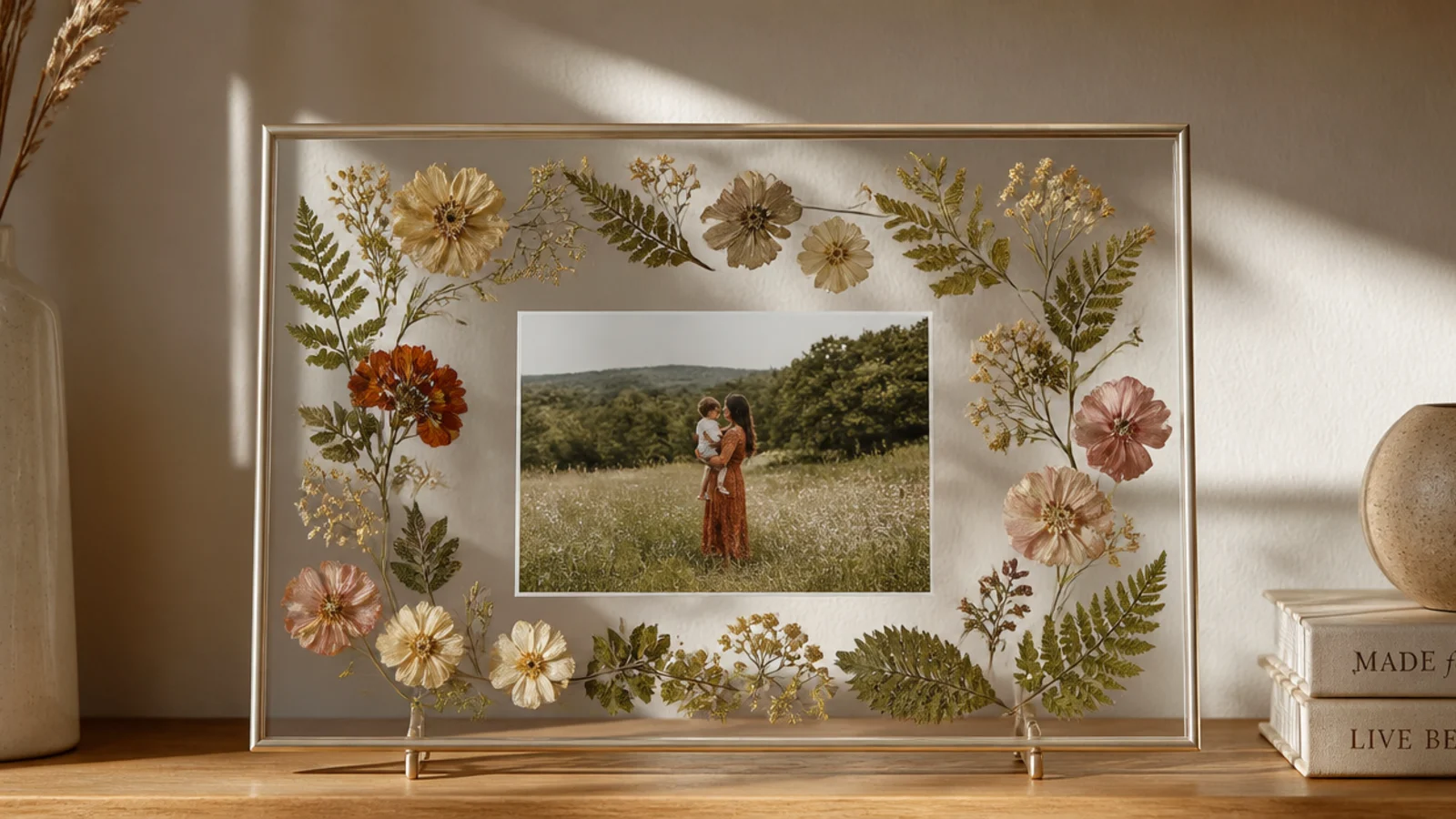 A clear glass frame with pressed flowers and leaves arranged around the edges surrounding a small photo.