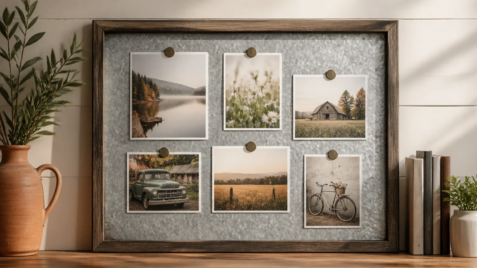 A framed sheet of galvanized metal on the wall holding several photos with small round magnets.