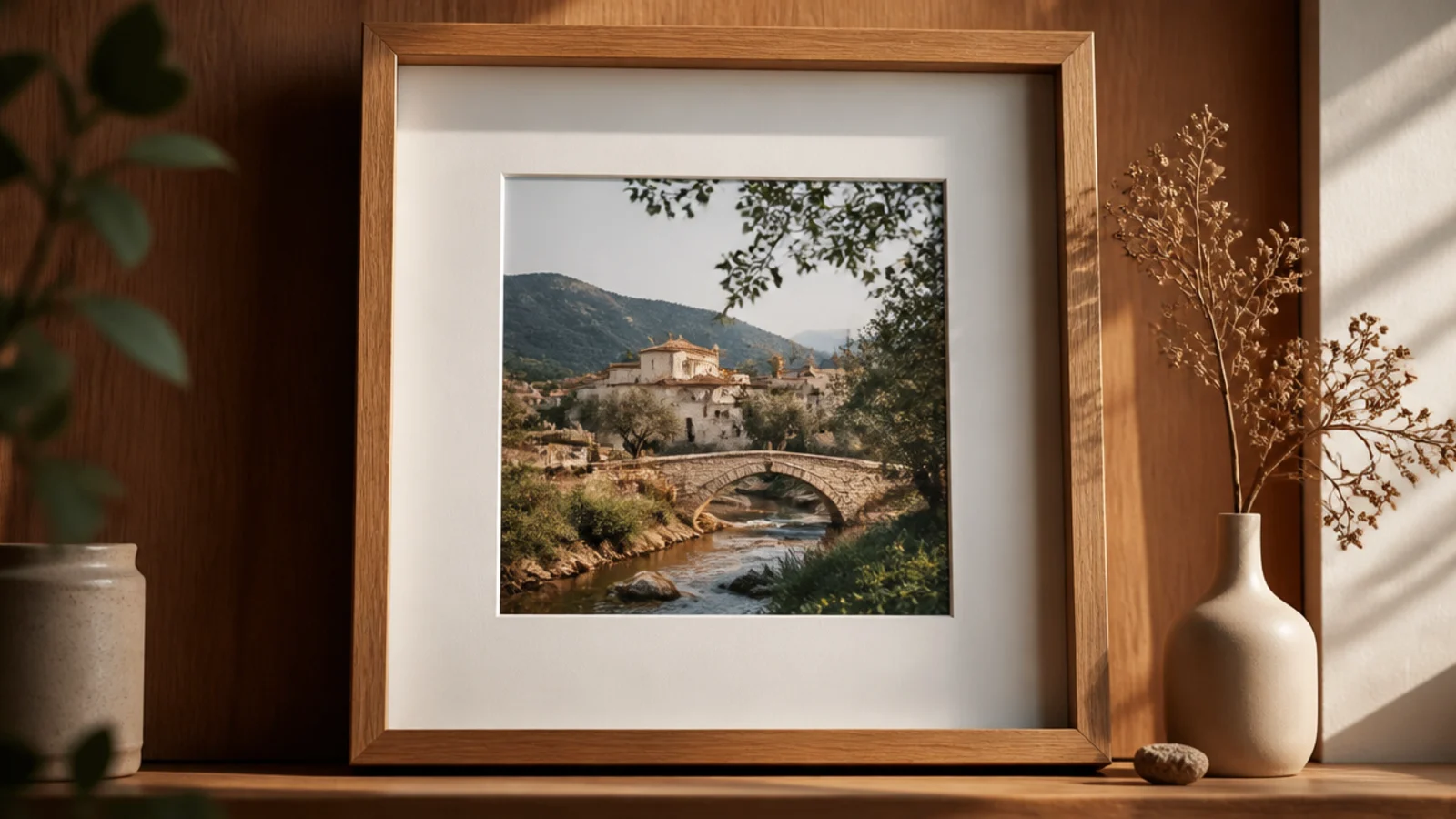 A deep shadow-box frame holding a photo set back behind a raised border with a small dried sprig beside it.