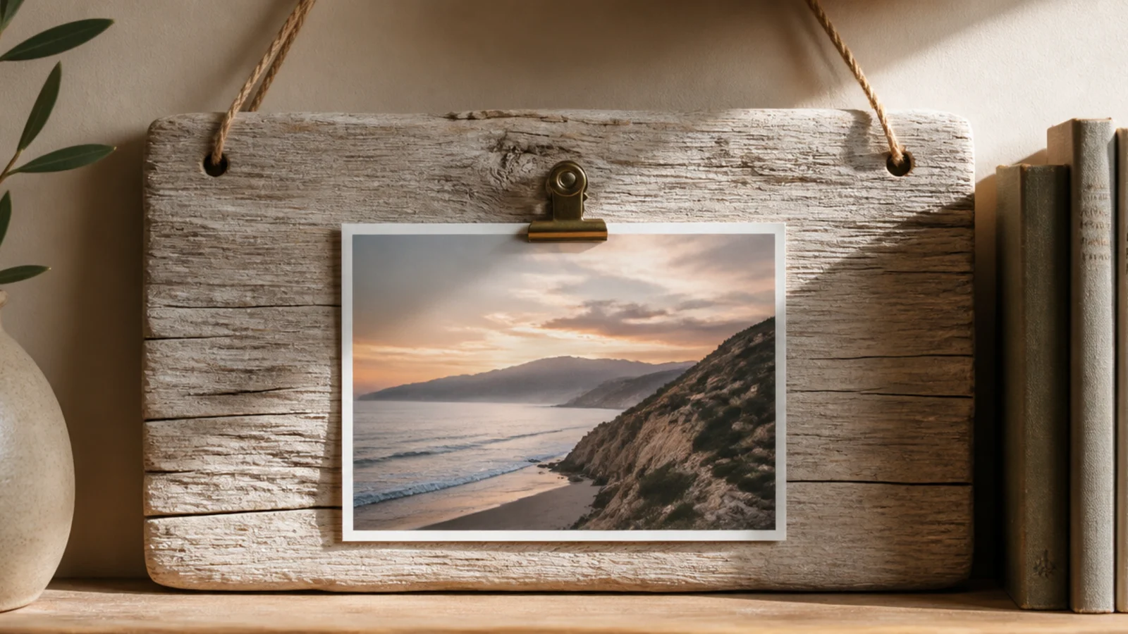 A weathered driftwood plank with a photo clipped to it by a small metal bulldog clip, hung by twine.