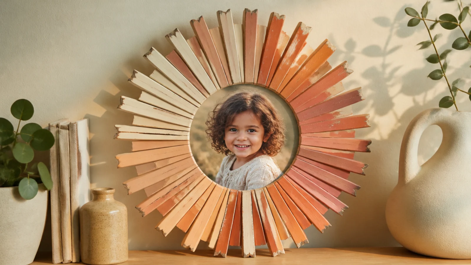 A round photo surrounded by paint stir sticks radiating outward like sun rays, painted in warm ombre tones.
