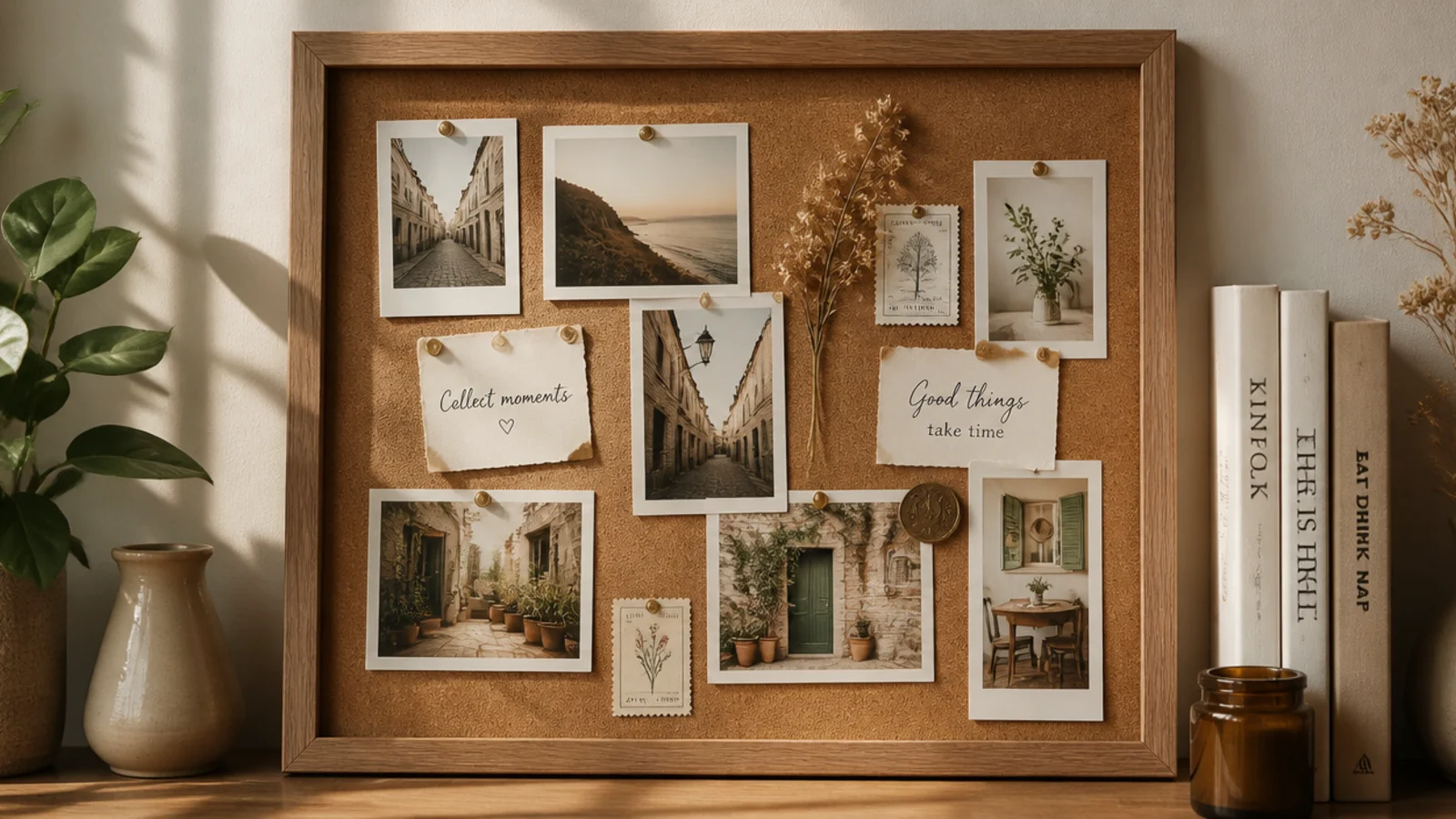 A framed cork panel on the wall pinned with several overlapping photos and a few small keepsakes.