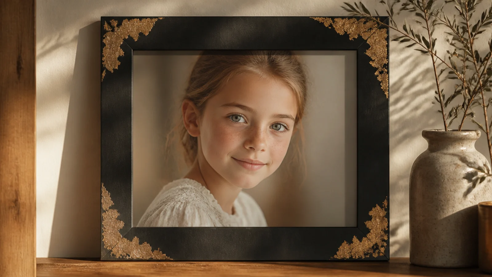 A dark matte frame with irregular gold-leaf patches applied to the corners, holding a portrait photo.