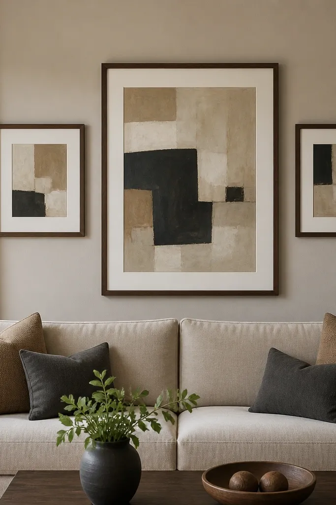 Two matching frames flanking a large central framed print above a sofa
