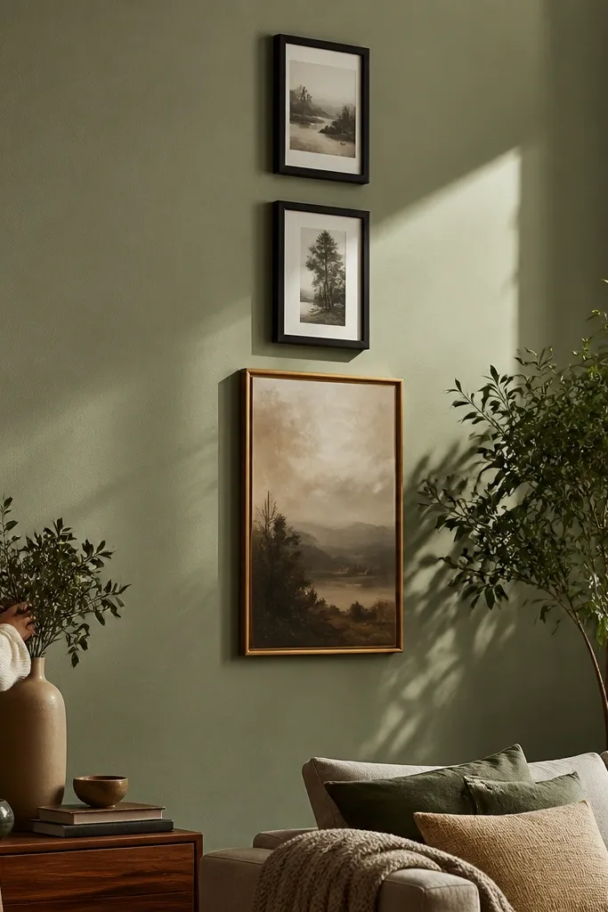 A tall framed print centered with three staggered smaller frames rising above it