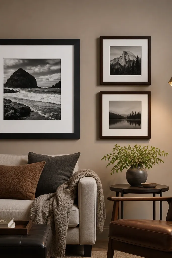 Uneven frame sizes arranged so the heavier piece sits low and larger frames balance the top
