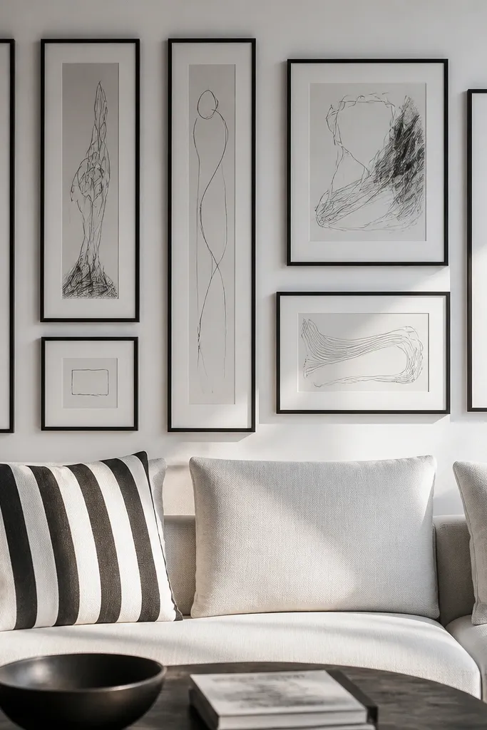 Six monochrome frames in black and white arranged in a loose vertical strip