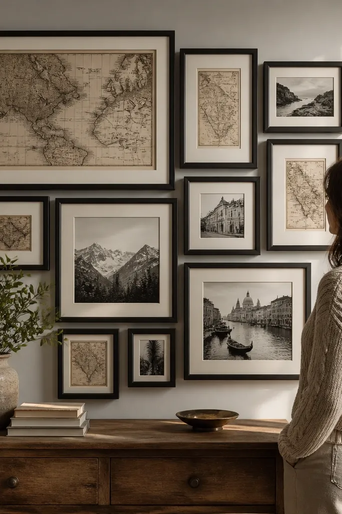 A large vintage map print with smaller black and white photos in a tight cluster