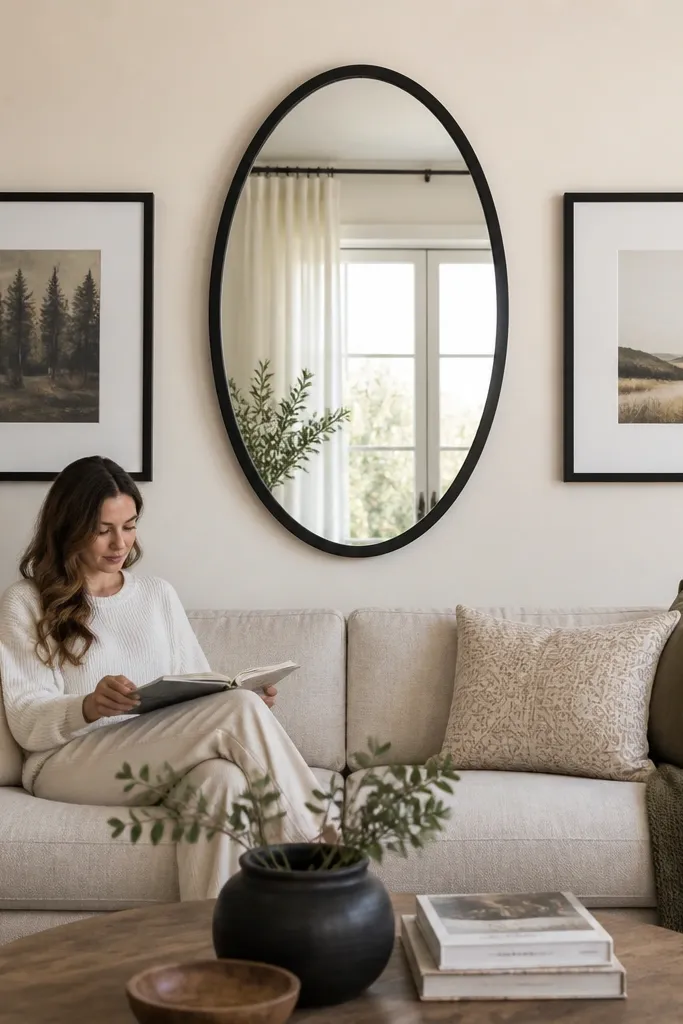 A round mirror centered with two vertical framed prints on each side