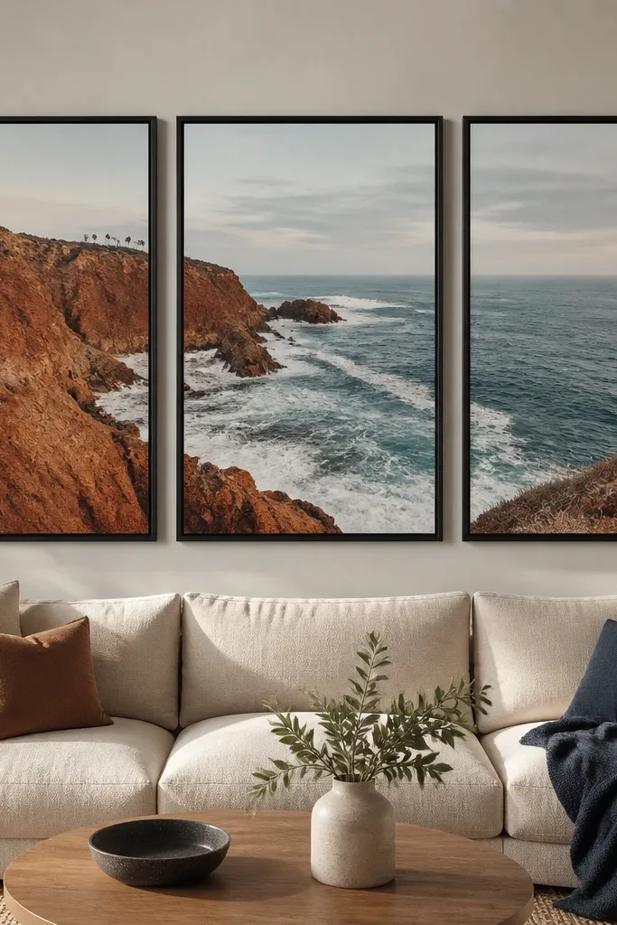 Three wide panels aligned horizontally with consistent spacing above a sofa
