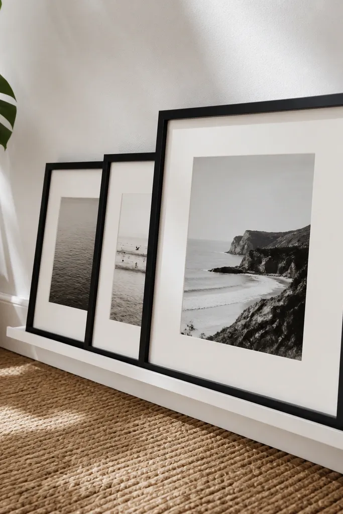 A picture ledge holding framed prints in a staggered but aligned arrangement