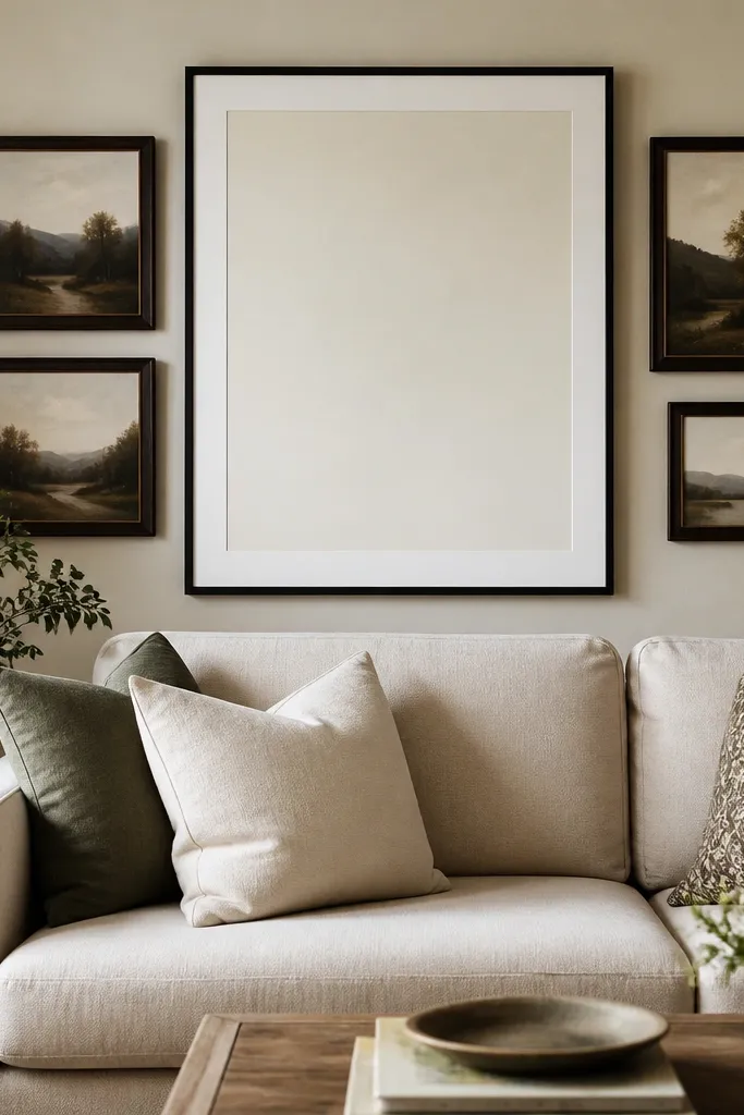 A large framed typography print surrounded by smaller and art frames