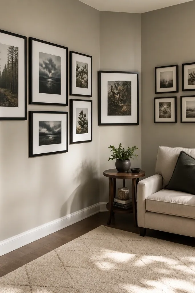 Frames arranged in an L shape wrapping from the side wall to the main wall