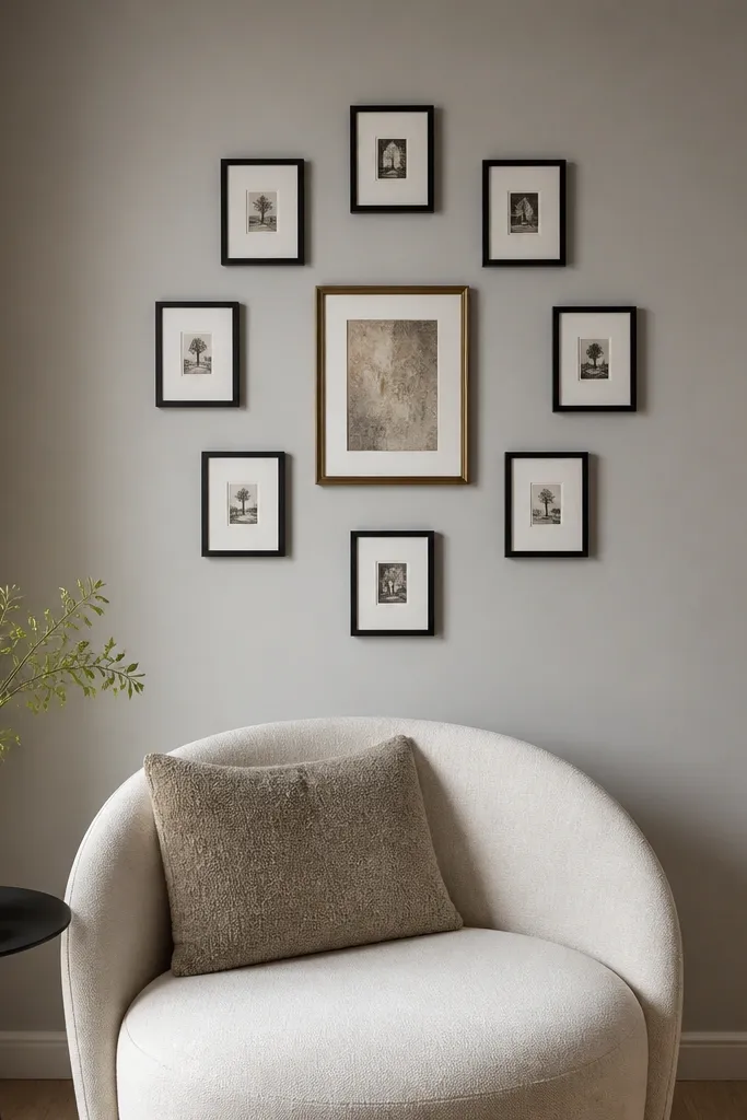 A central framed print surrounded by smaller frames forming a loose circle