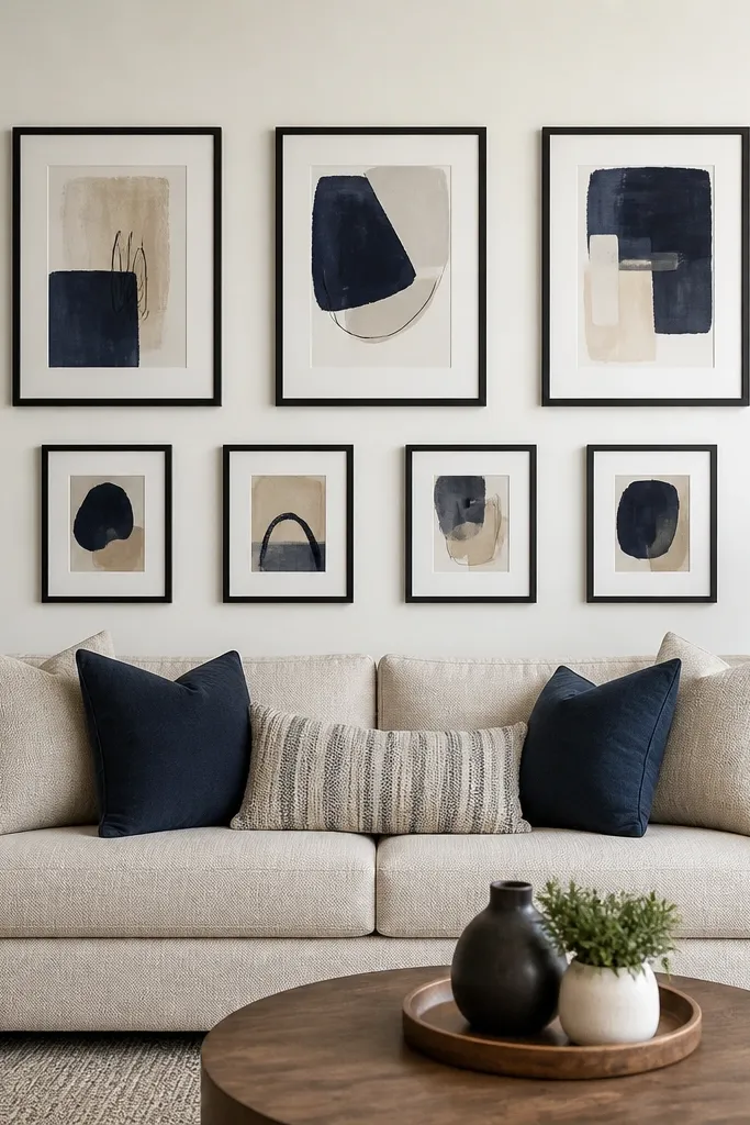A gallery wall split into two horizontal bands with consistent frame gaps