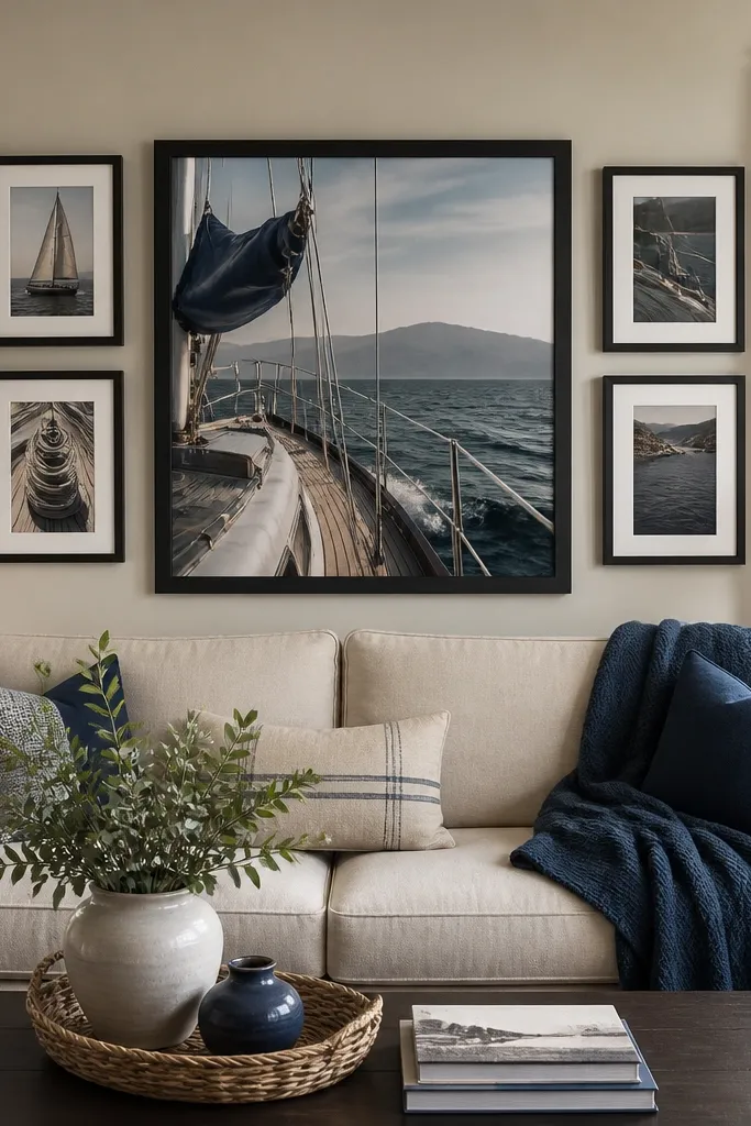 A large frame with smaller matching frames grouped tightly around it