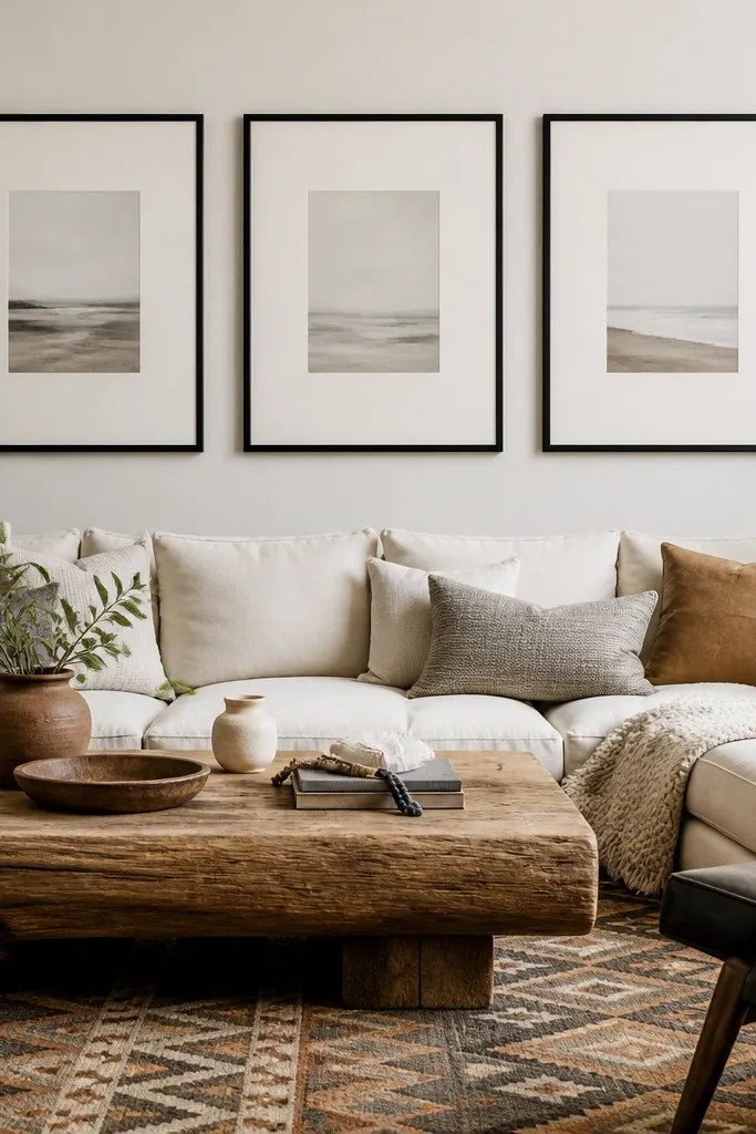 Three simple frames with large mat borders aligned above a sofa