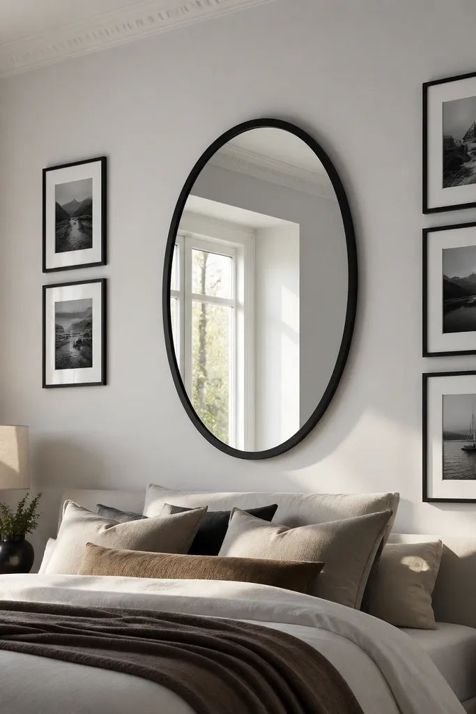 Oval mirror centered with two vertical slat-style frames and small prints above