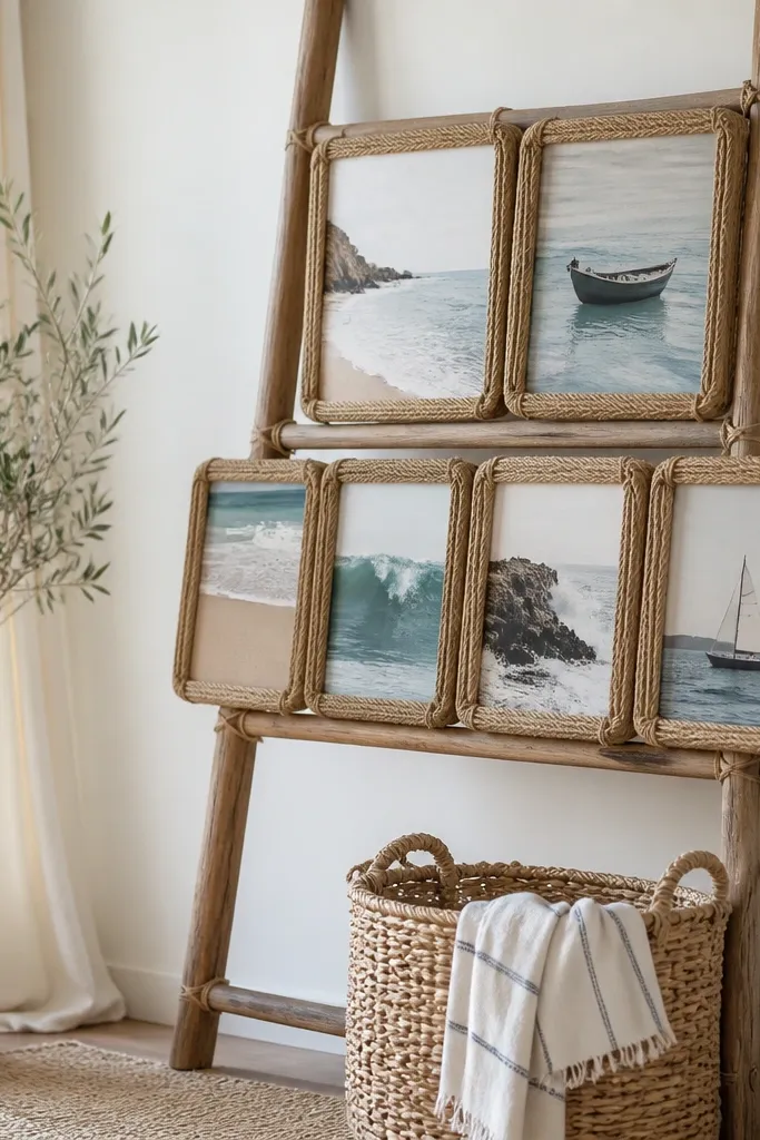 Wood ladder with rope frames holding photos at two staggered heights