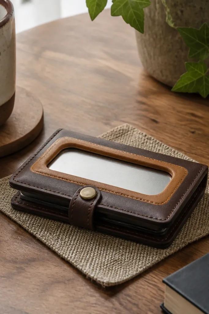 Dark brown faux leather wallet with a lighter frame border and a small snap closure