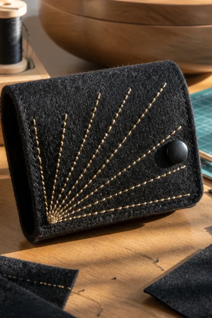 Black felt Altoids wallet with gold starburst embroidery and a button closure