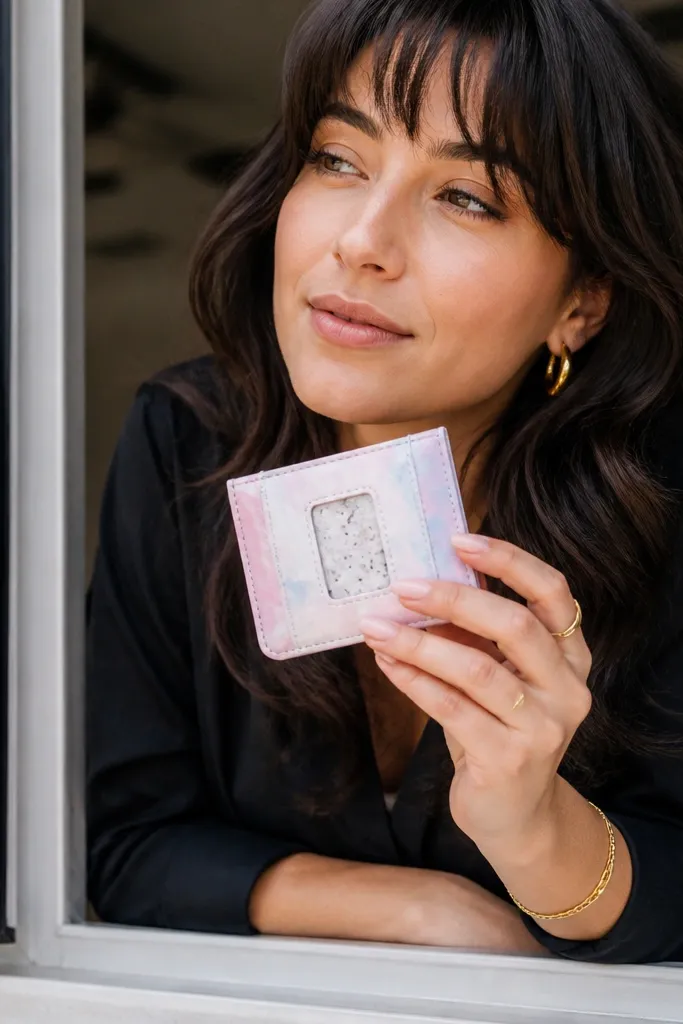 Pastel marble vinyl window wallet with a clear window panel and magnetic clasp