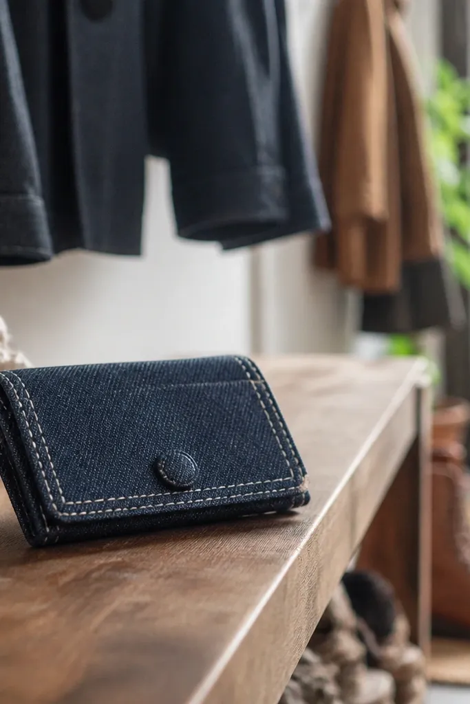 Navy denim Altoids wallet with white topstitch seams and a small snap