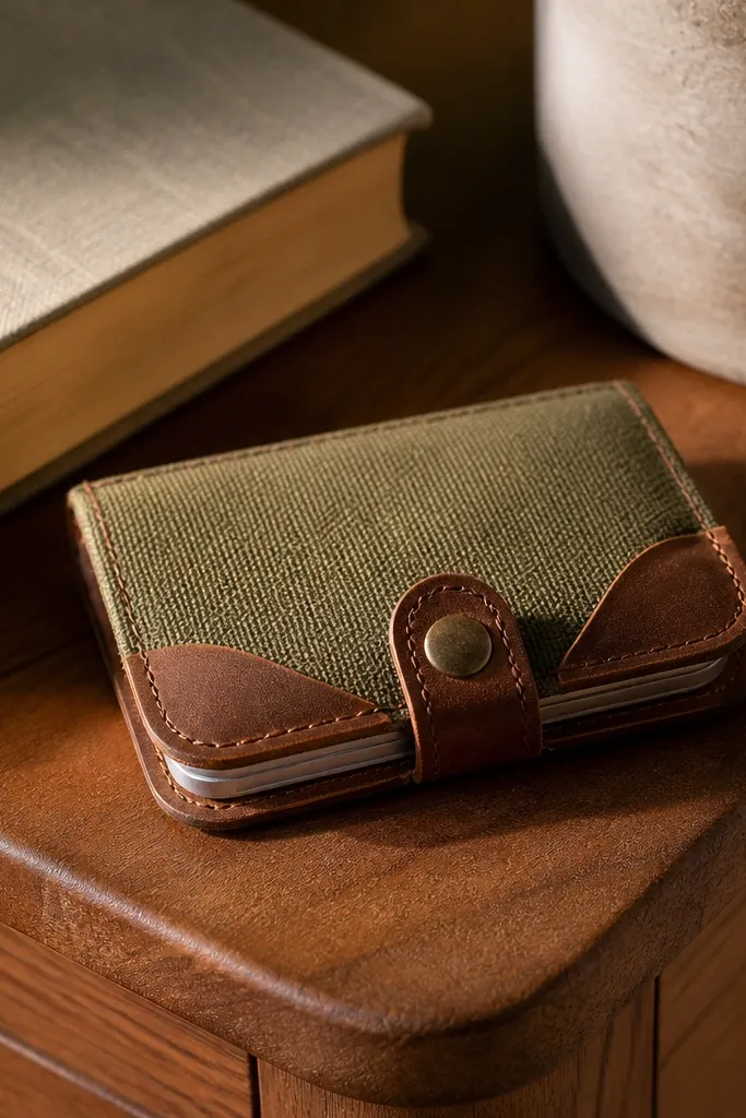 Olive canvas Altoids wallet with tan leather corner wraps and a snap closure