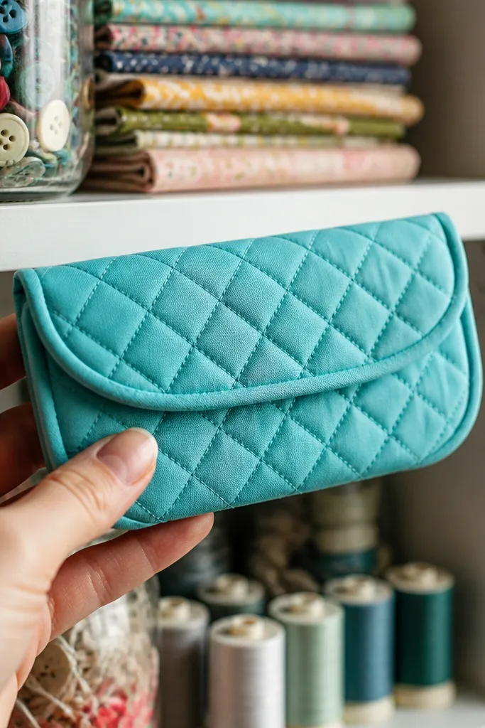 Turquoise quilted Altoids wallet with thin piping around the opening