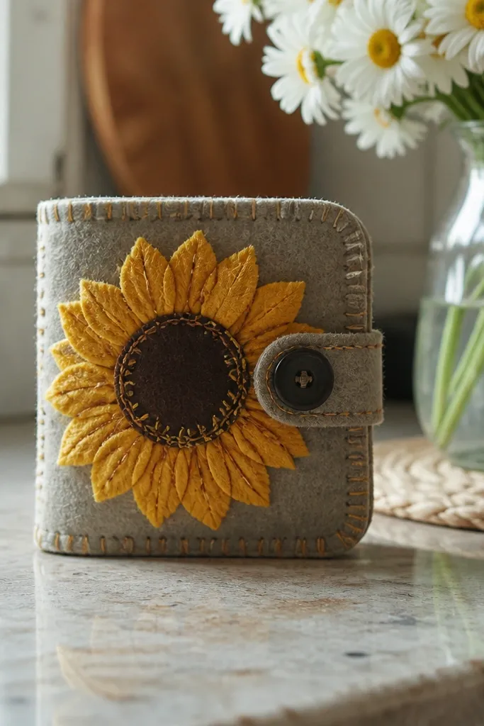 Yellow sunflower felt appliqué on a neutral Altoids wallet with a button closure