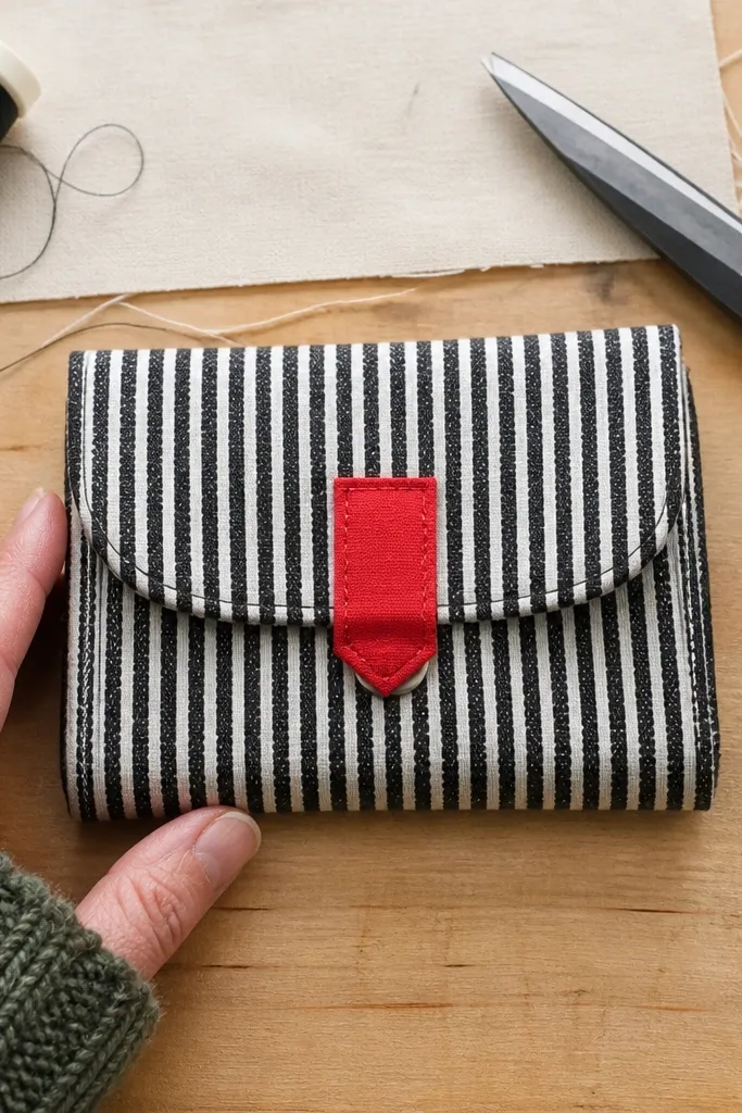 Black-and-white striped canvas Altoids wallet with a red closure tab and snap