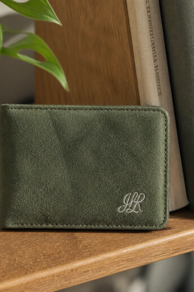 Sage green suede-look Altoids wallet with a white stitched monogram and snap