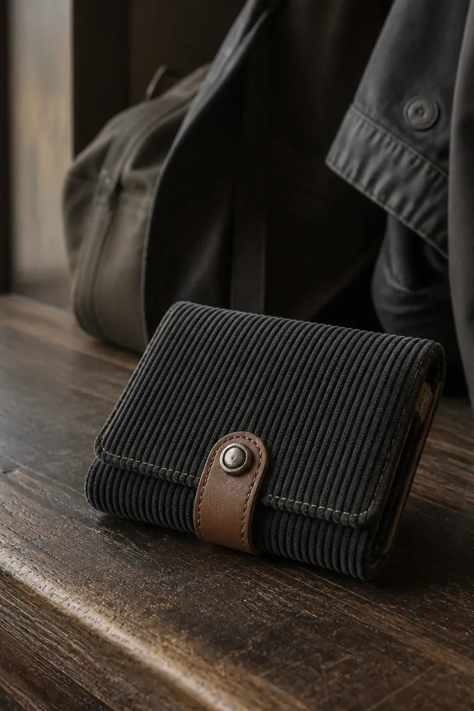 Charcoal corduroy Altoids wallet with a tan leather loop and button closure