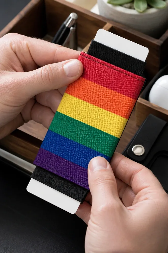 Rainbow pride fabric Altoids wallet with small fold-out card tabs and magnetic closure