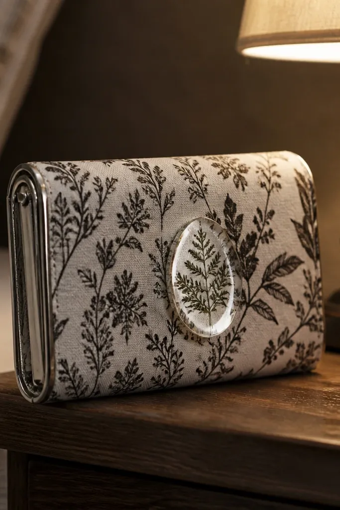 Monochrome botanical print Altoids wallet with a clear resin charm on the front
