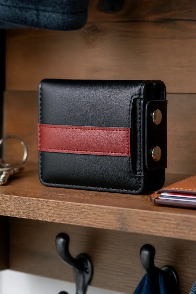 Black-and-red leatherette Altoids wallet with a belt loop and double snap closure