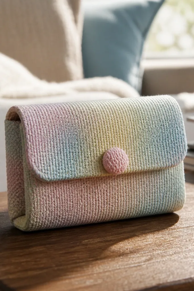 Pastel knit Altoids wallet with a small flap and button closure