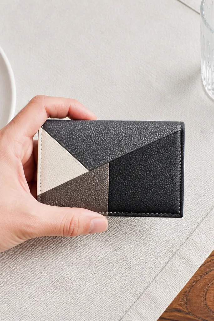 Geometric faux leather patchwork Altoids wallet with a centered magnet closure