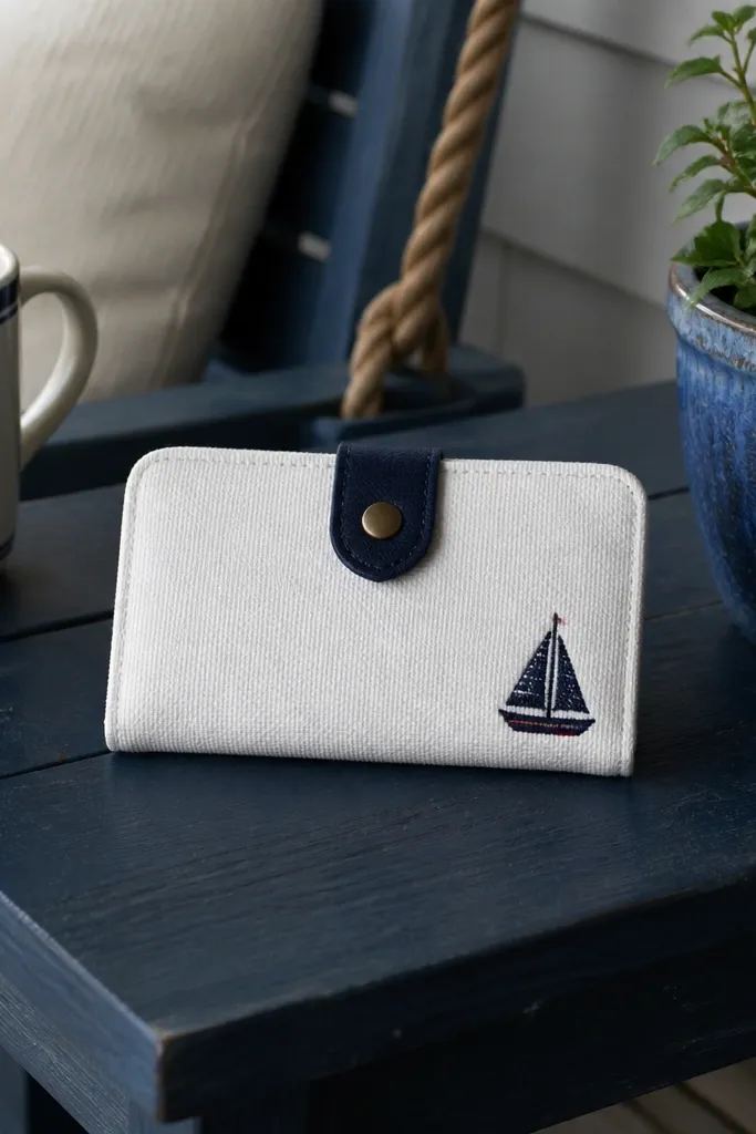 White canvas Altoids wallet with navy sailboat embroidery and snap closure