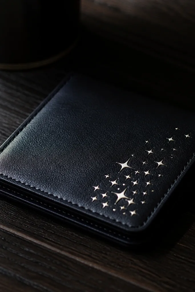 Black wallet with silver foil heat transfer pattern and magnetic clasp