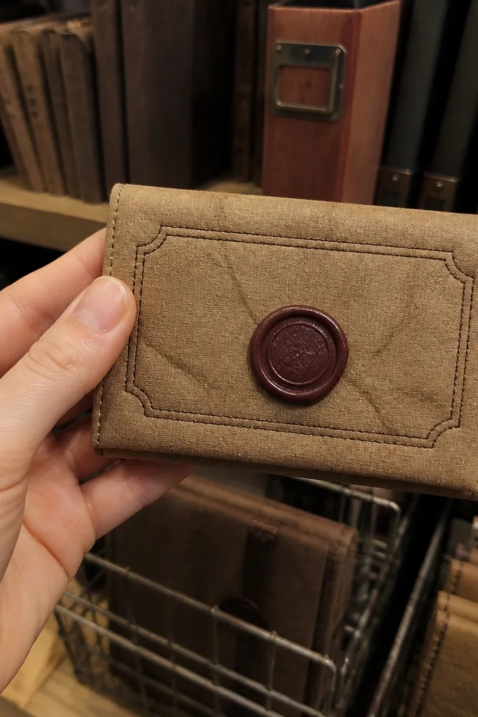 Brown paper bag style wallet with a red wax seal sticker on the front and snap closure