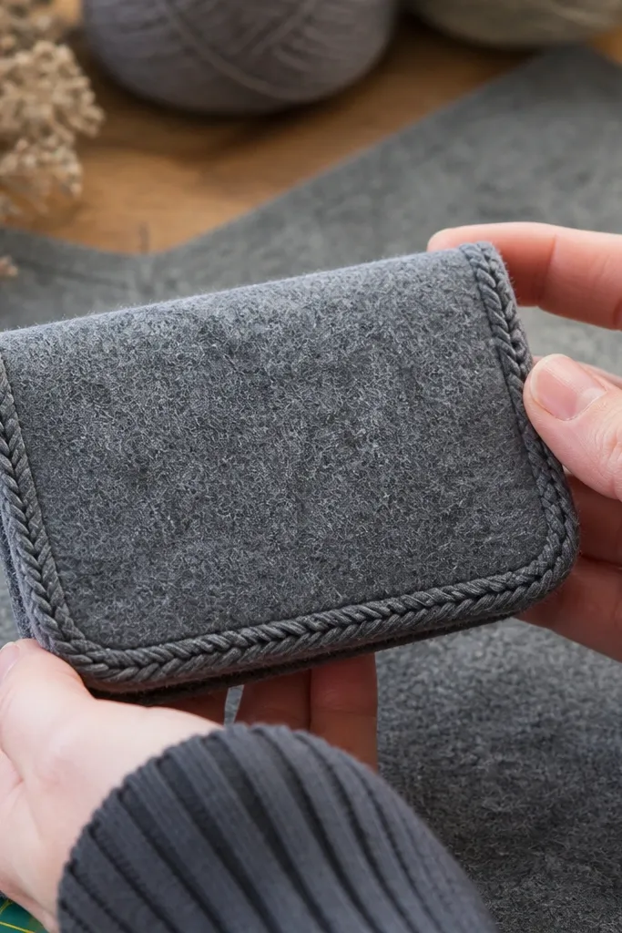 Gray felt Altoids wallet with braided trim around the opening and magnet closure