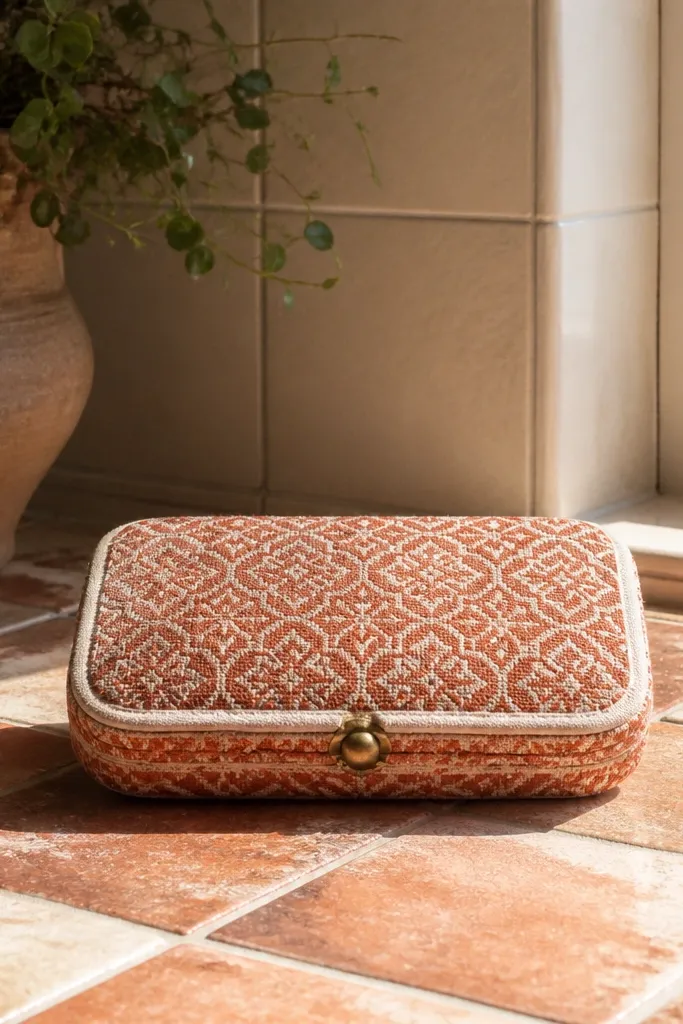 Terracotta tile-pattern Altoids wallet with a small framed center panel and snap closure