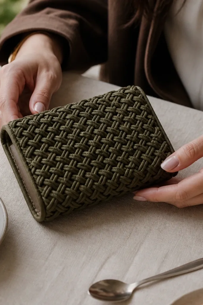 Olive cord woven panel on an Altoids wallet with a hidden magnetic closure