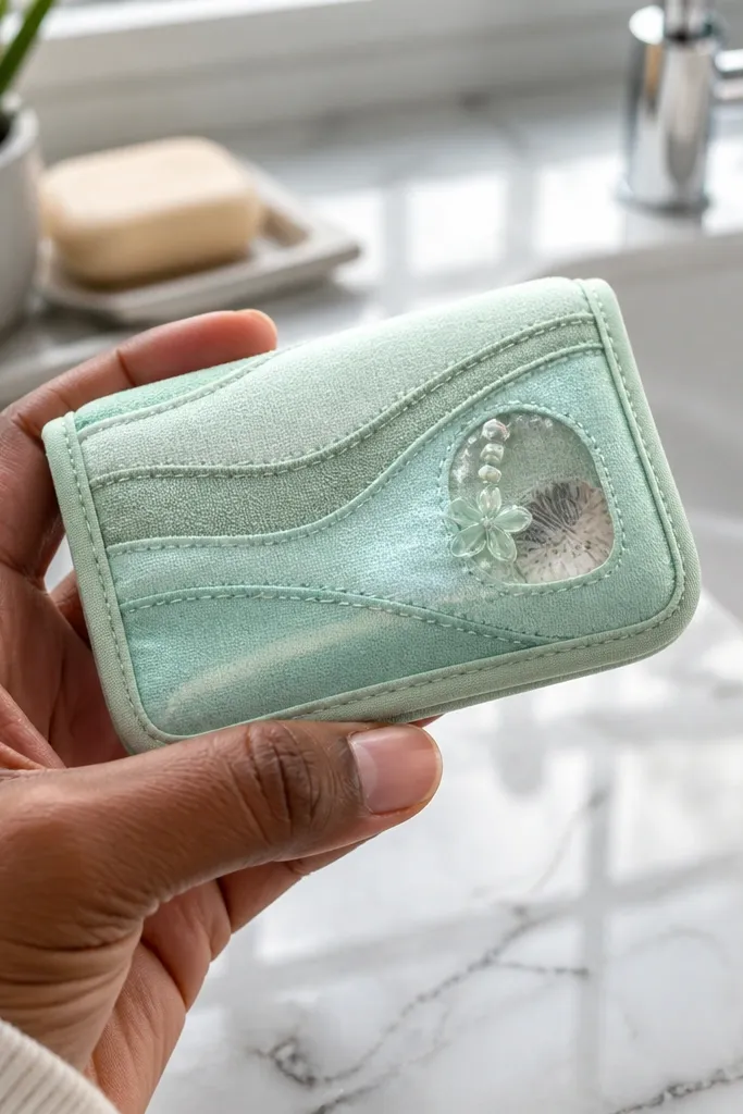 Sea-glass colored fabric Altoids wallet with a small clear window insert