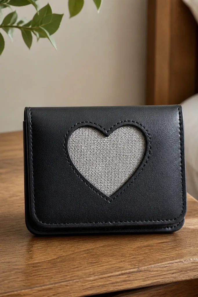 Monochrome leatherette Altoids wallet with a cut-out heart frame and snap closure